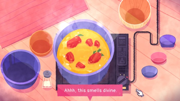 Zu sehen ist eine Kochplatte, auf der ein Kochtopf steht, in dem eine gelbliche Currysuppe kocht. Drum herum stehen leere Schüsseln, in denen zuvor Zutaten waren.