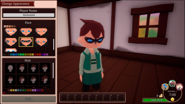 Das ist die Charaktererstellung. Links ist ein Menü mit verschiedenen Gesichtern und Frisuren, rechts steht in einem leeren Zimmer der Charakter.