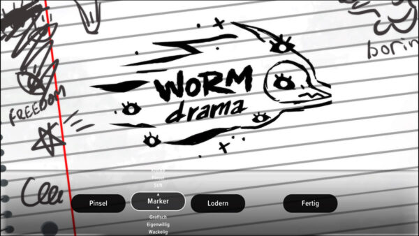 Fang kritzelt im Notizbuch: Du kannst das Logo von Worm Drama selbst gestalten und verschiedene Schriftarten und Motive auswählen.