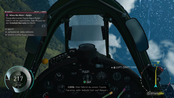 Cockpitansicht im Flugzeug bei Regen.