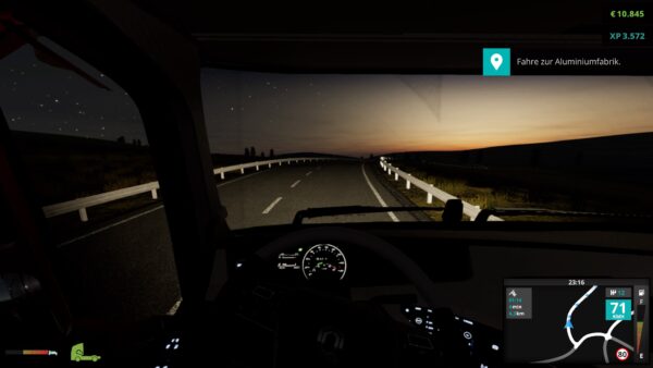 In der Cockpitansicht mit dem Sonnenuntergang im Horizont.