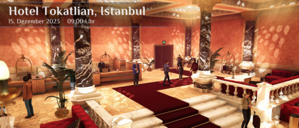 Zu sehen ist ein edles Hotel mit marmornen Säulen. Das ist das Hotel Tokatlien in Istanbul.