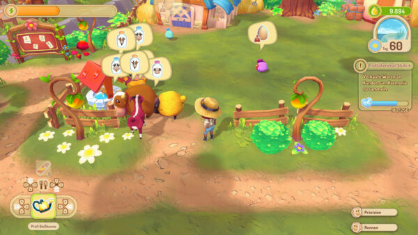 Screenshot meiner Spielfigur und der Tiere auf meinem Hof, die alle in einer Ecke des Feldes gegen die Wand laufen.